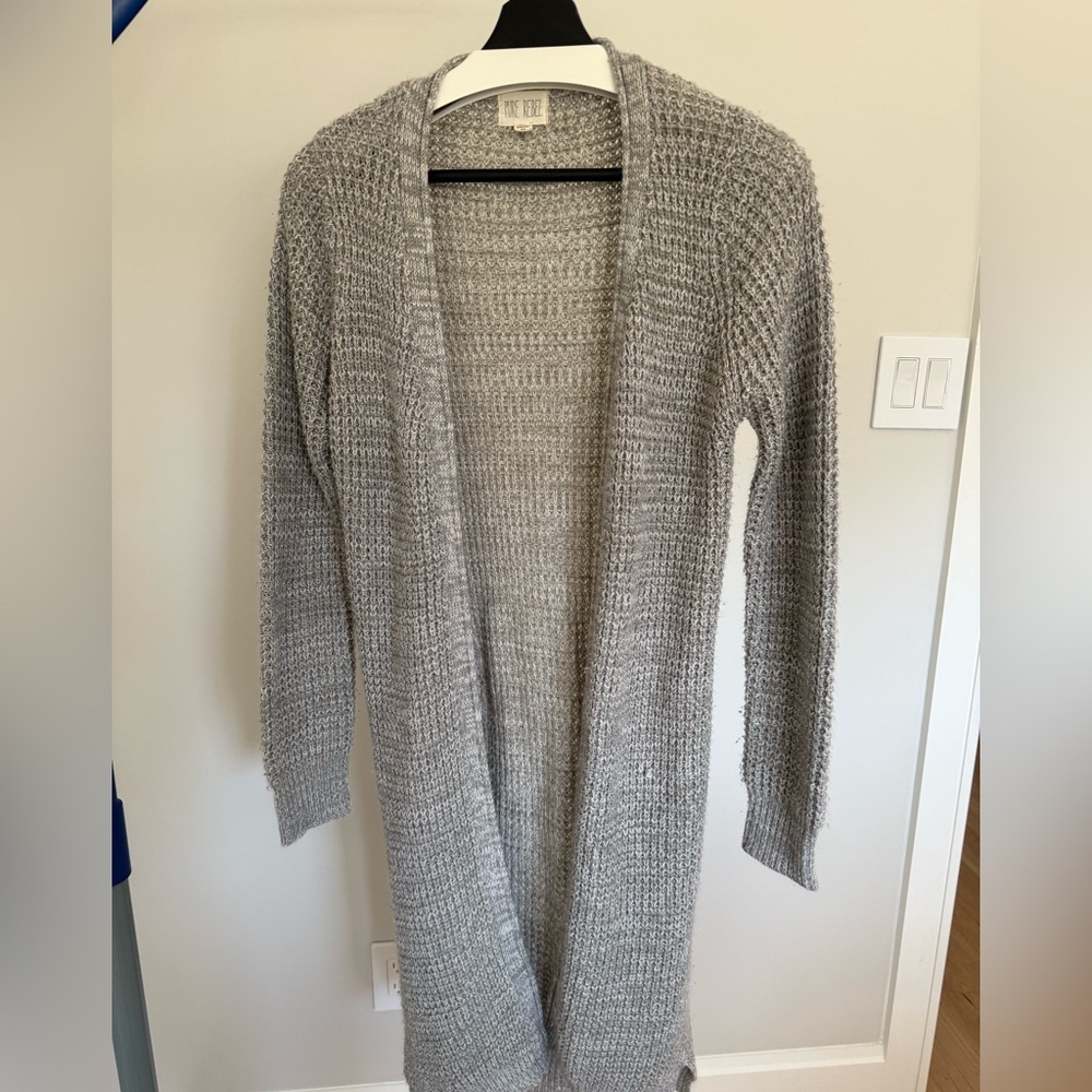 Light Gray Open-Front Knit Longline Sweater Cardigan